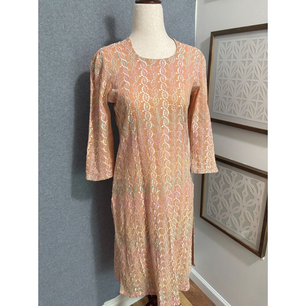 Vintage Embroidered Dress Peach Prairie Cottagecore Modest Handmade S‎ Homemaker